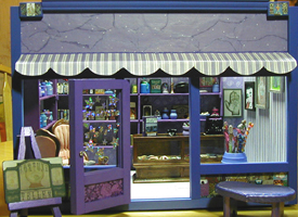 Bonnie's Shop with heart-shaped bench and sign